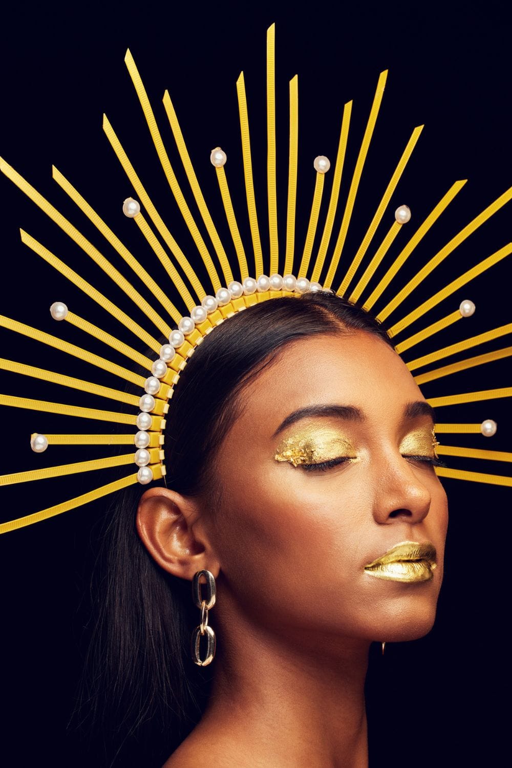 Indian Woman with gold eyeshadow, gold lipstick, and golden crown | Mindfulness for Self Love