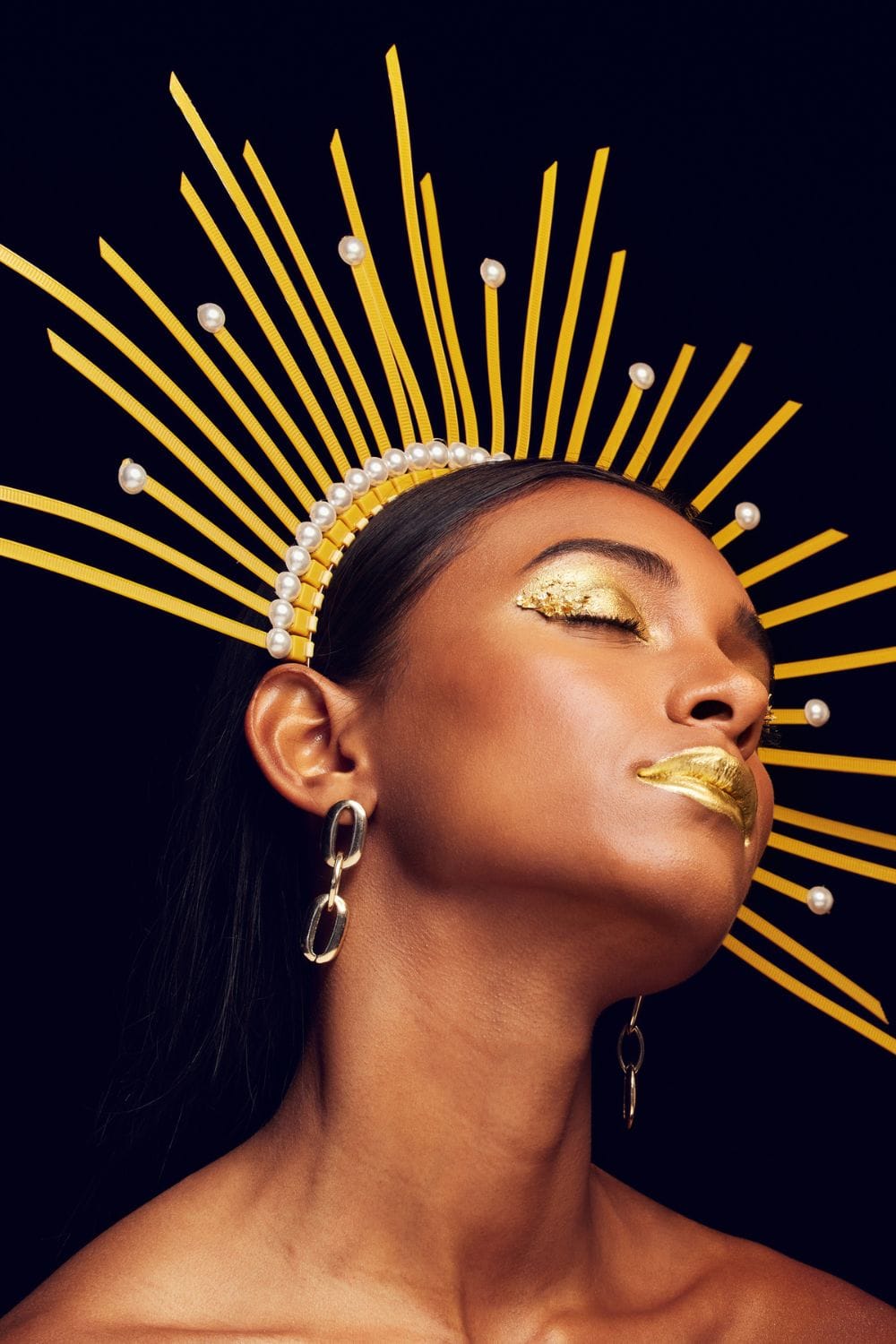 Indian Woman with gold eyeshadow, gold lipstick, and golden crown | Mindfulness for Self-Love